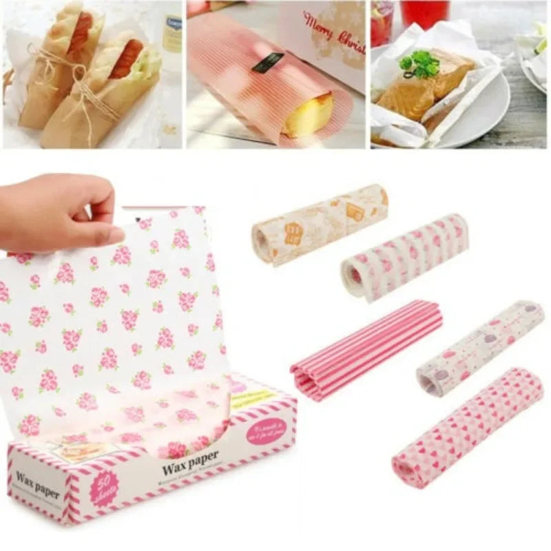 50Pcs Food Grade Wax Paper Wrap | Non-Stick Greaseproof Kitchen Paper for Sandwiches Burgers Fries Baking