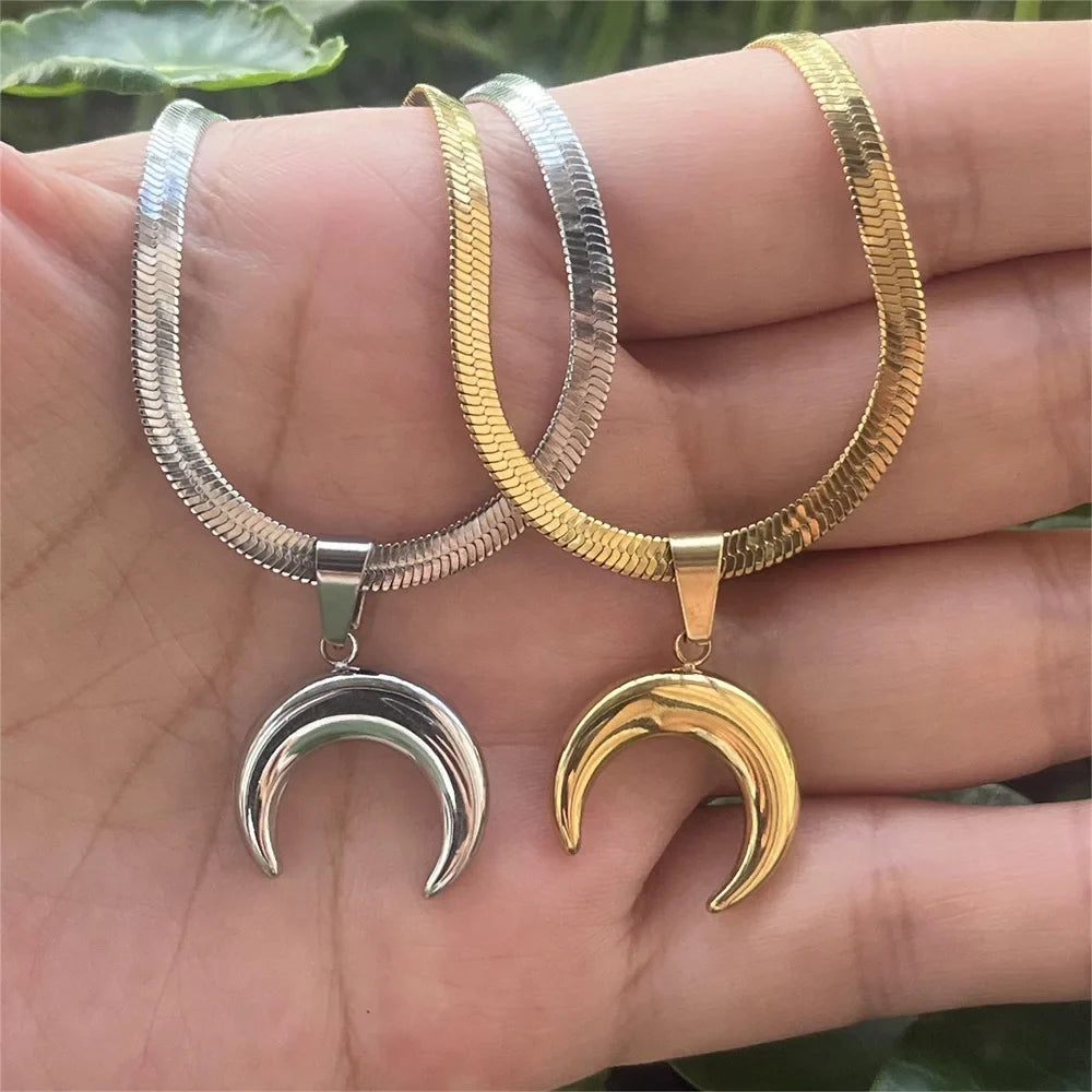 Stainless Steel OX Moon Necklace | Gold Plated Half Moon Blade Pendant