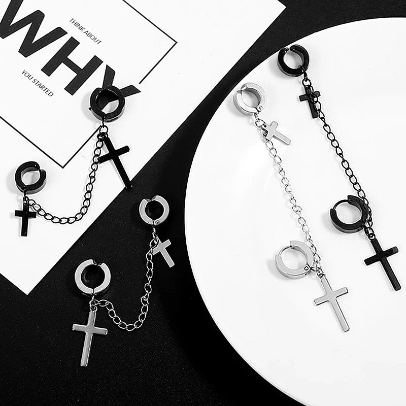 Punk Cross Tassel Earrings | Gothic Hip Hop Chain Stud Earrings