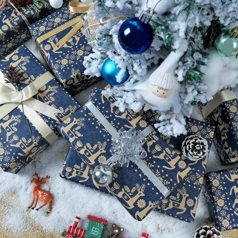 Navy Blue Kraft Christmas Wrapping Paper Roll | Snowflake, Floral and Reindeer Design
