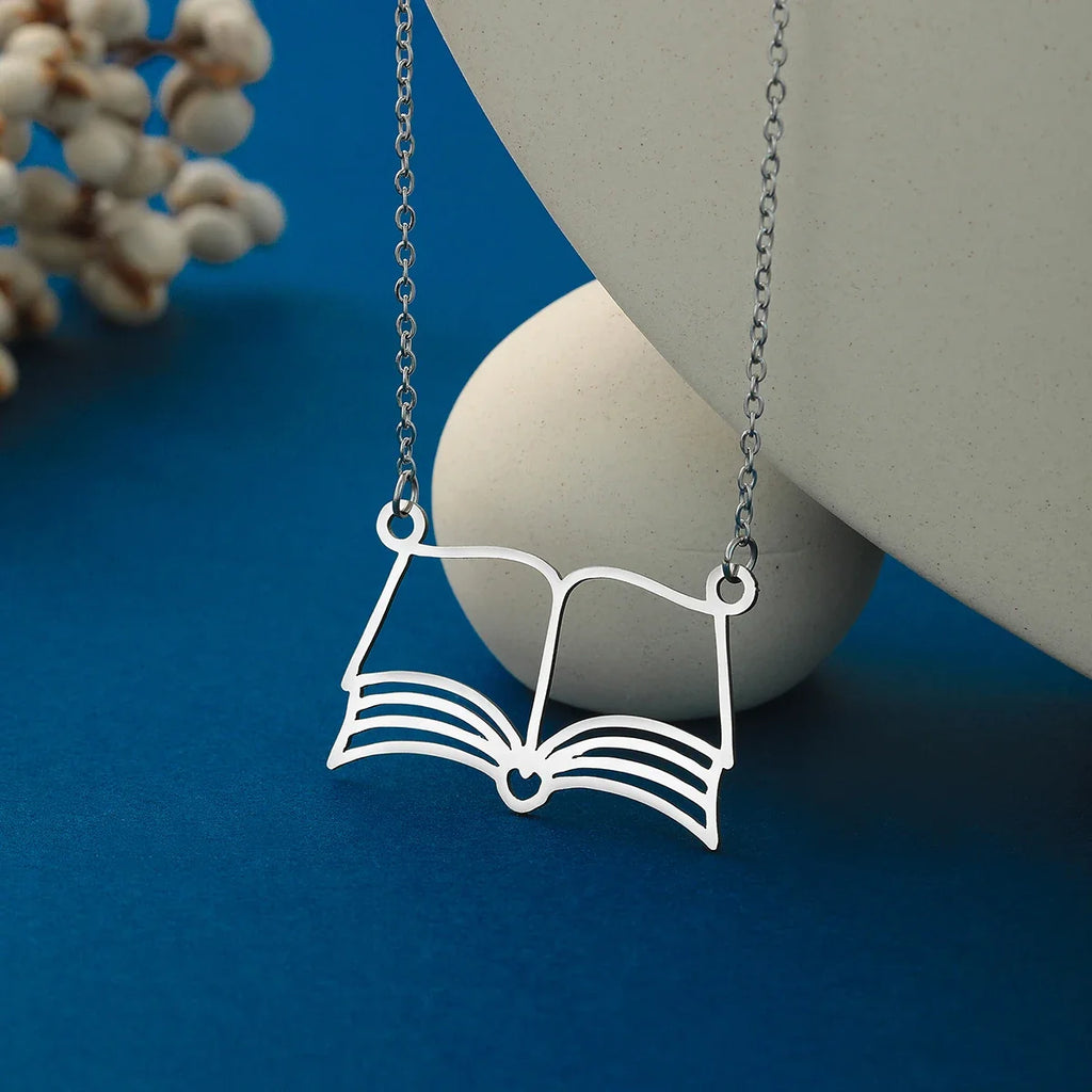 Book Lover Pendant Necklace | Stainless Steel Reading Jewelry for Women