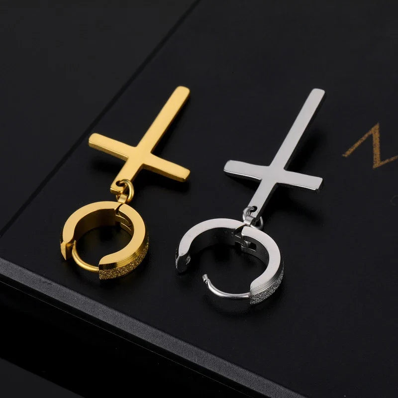 Stainless Steel Frosting Hoop Earrings | Punk Cross Dangle Earrings for Unisex