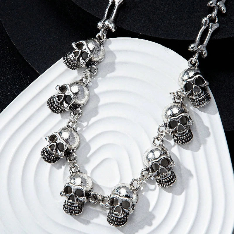 Gothic Skull Choker Necklace | Multiple Skull Connected Gothic Jewelry for Women
