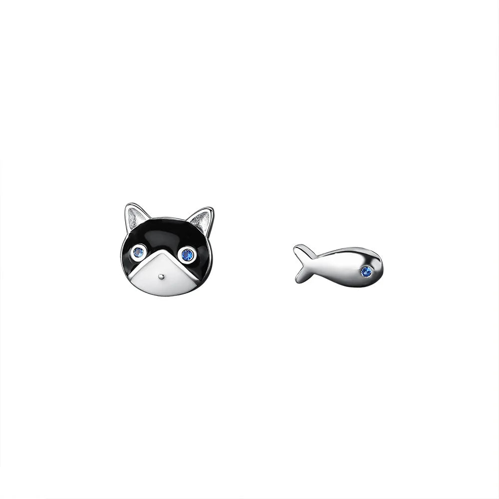 925 Sterling Silver Fish Cat Stud Earrings | Women's Wedding Luxury Piercing Jewelry