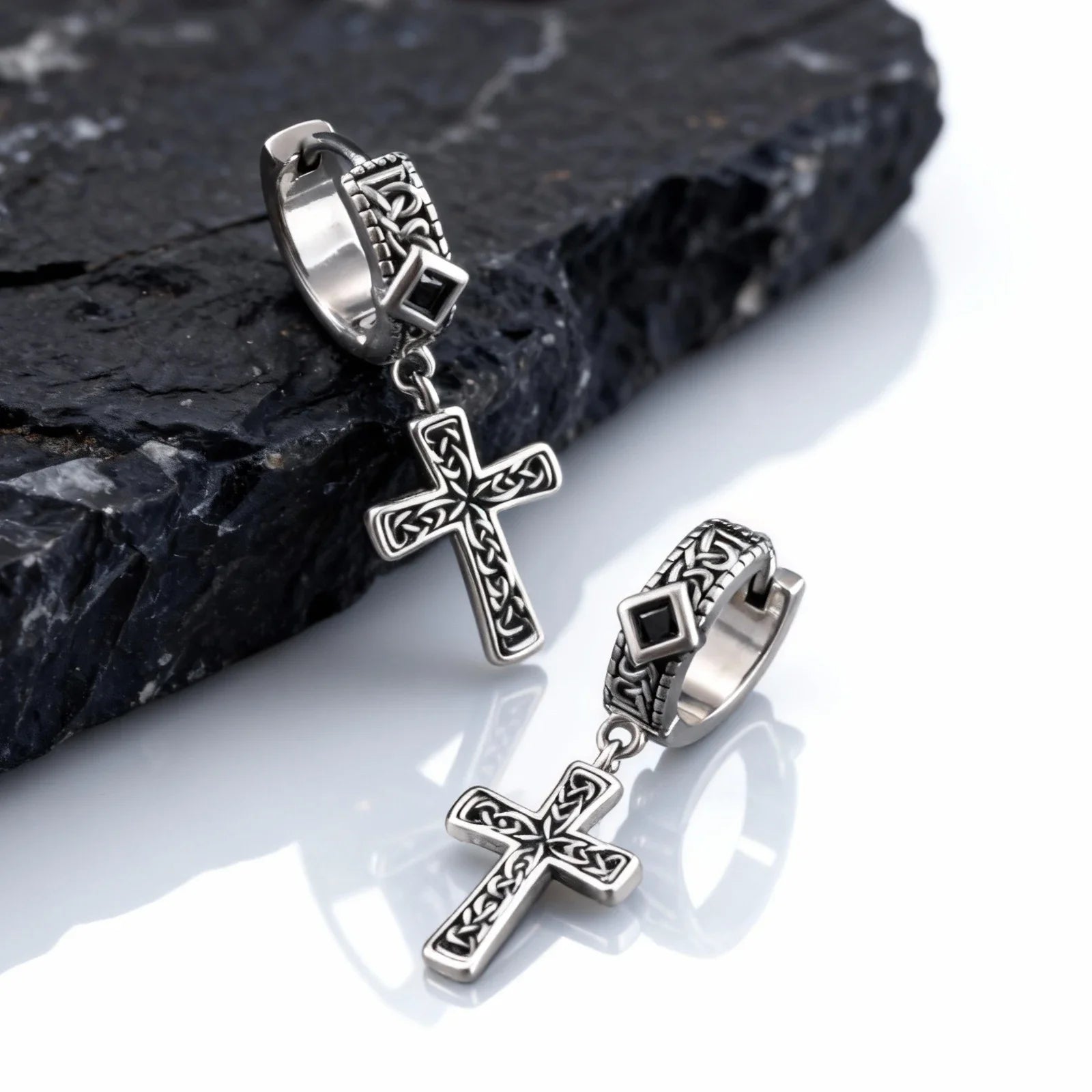 Vintage Celtic Knot Cross Hoop Earrings for Men | Anti Allergy Black Square Zircon Drop Earrings