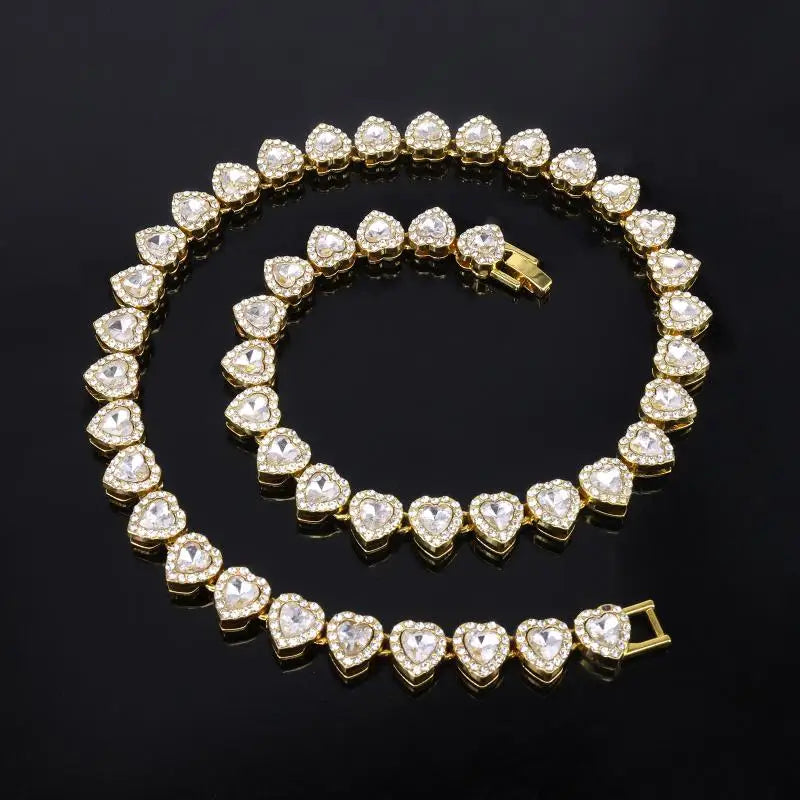 Shiny Heart Rhinestone Hip Hop Chain Necklace and Bracelet Set | Hip Hop Jewelry