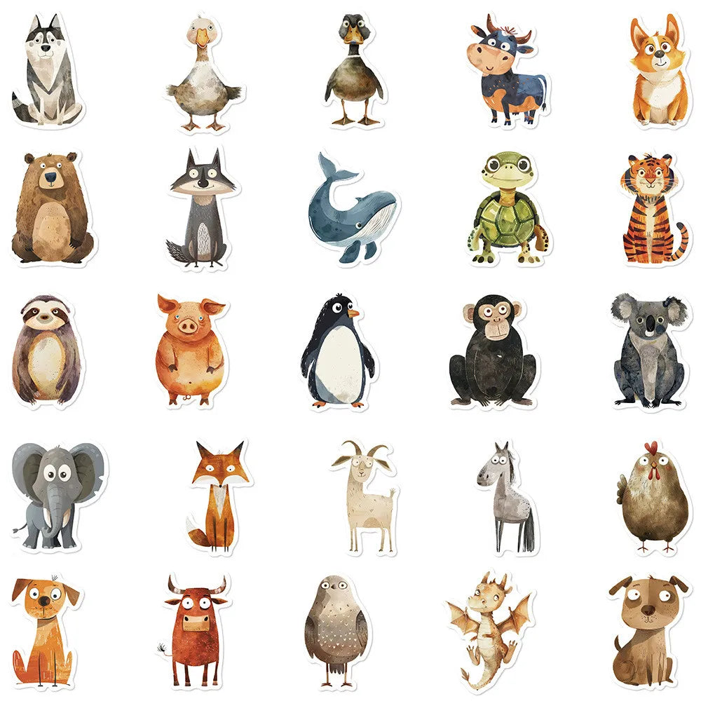 50 Pcs Quirky Watercolor Animal Cartoon Stickers | DIY Decals for Luggage, Laptops & Journals