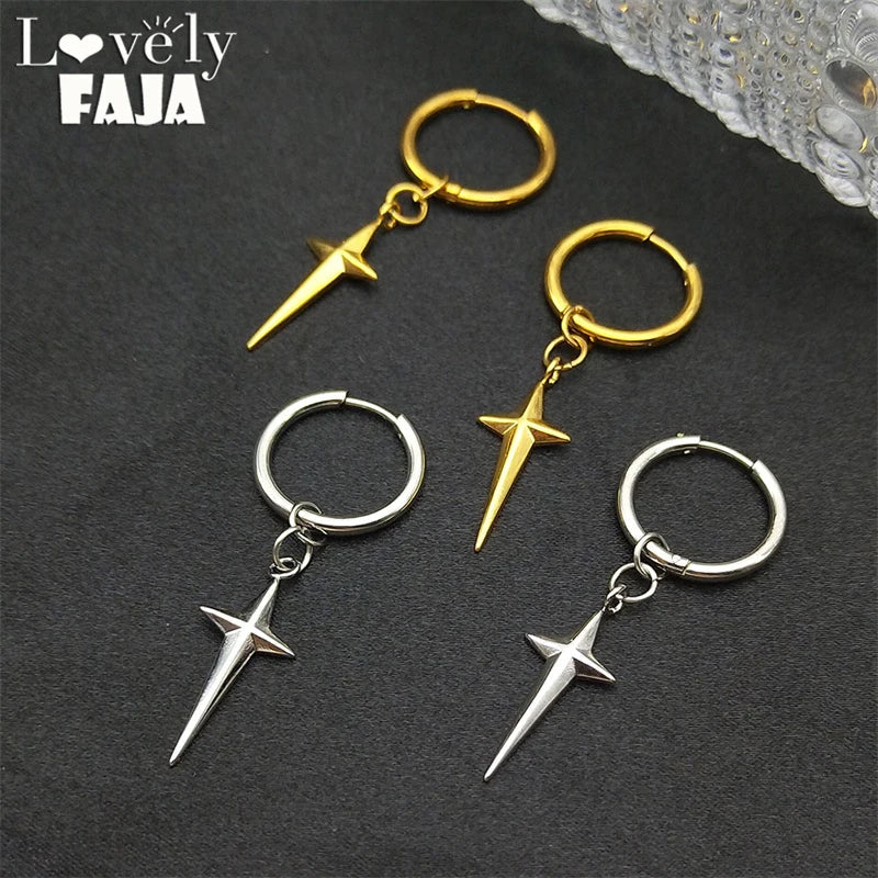 Stainless Steel Star Cross Hoop Earrings | Punk Kpop Y2K Drop Earrings for Women
