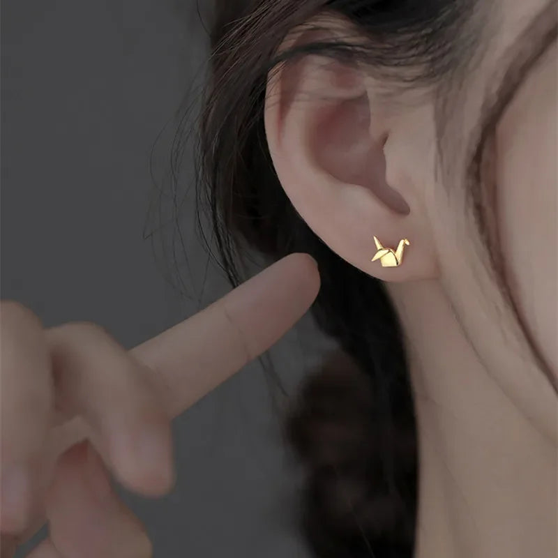 925 Sterling Silver Paper Crane Stud Earrings | Cute Mini Piercing Earrings for Women