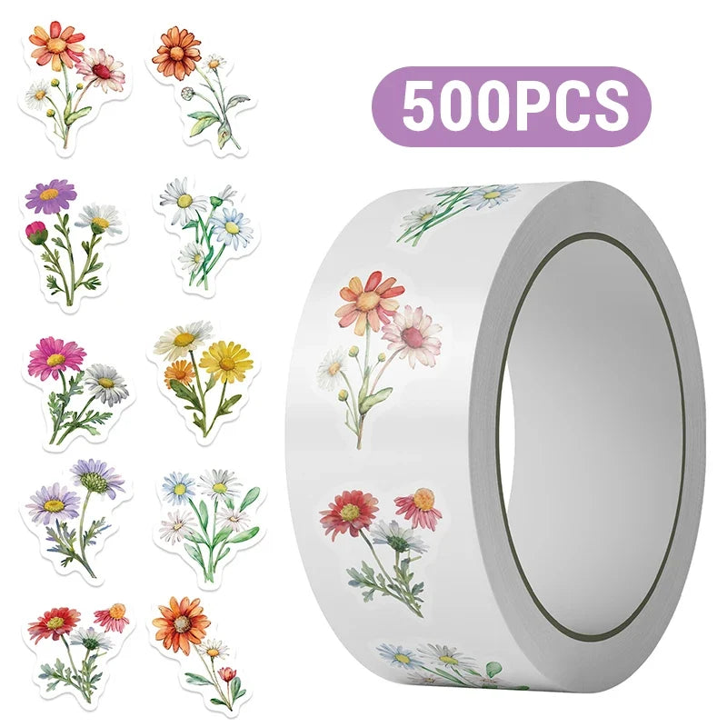 500PCS Daisy Stickers Roll | Cute Flower Decals for Water Bottles and Scrapbooking