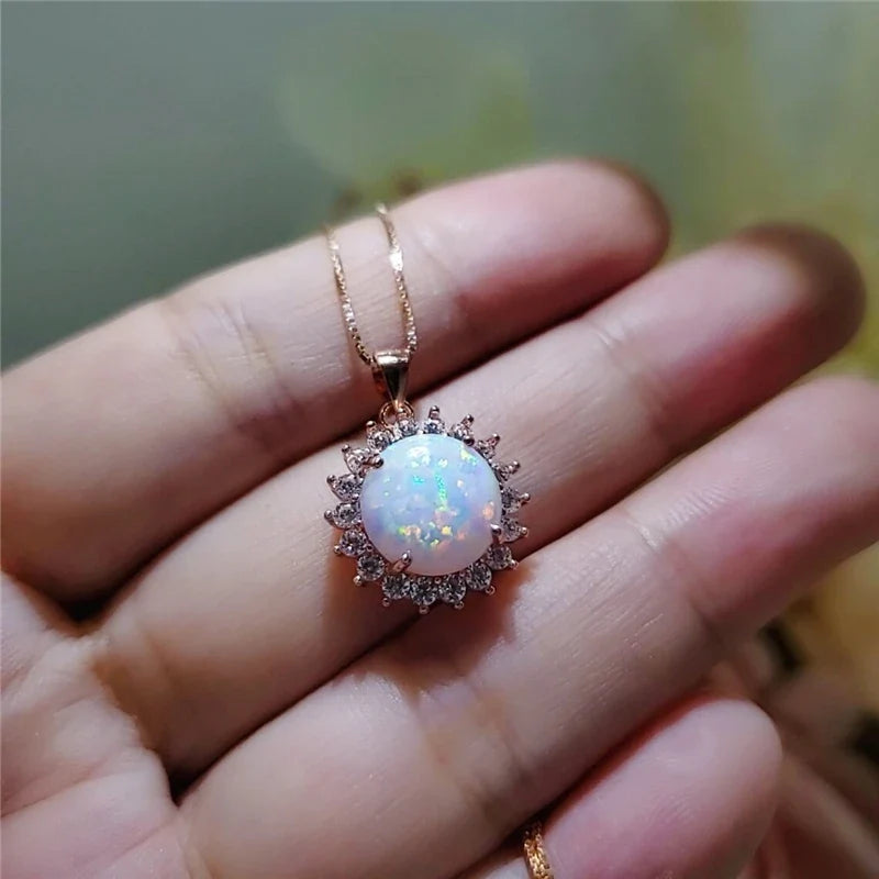Fashion Sunflower Pendant Necklace | Rose Gold Crystal Zircon Imitation Opal Jewelry