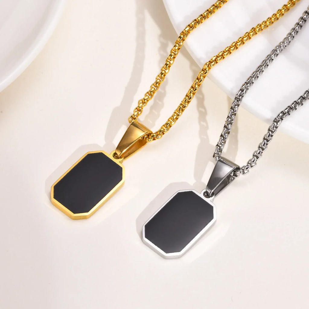 Men's Geometric Square Necklace | Black Enamel Rectangle Pendant with Rope Chain