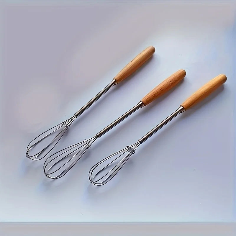 1pc/3pcs Set of Whisks with Solid Wood Handles | Stainless Steel Kitchen Whisk and Cream Mixer