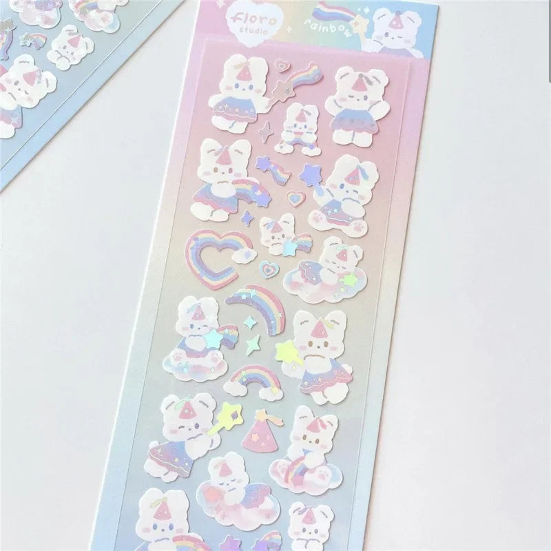 1pc Korean Cute Sticker Kawaii Bling Bunny Rainbow Four-leaf Pudding Sticker Waterproof Hot Silver Sticker for Student DIY Photo