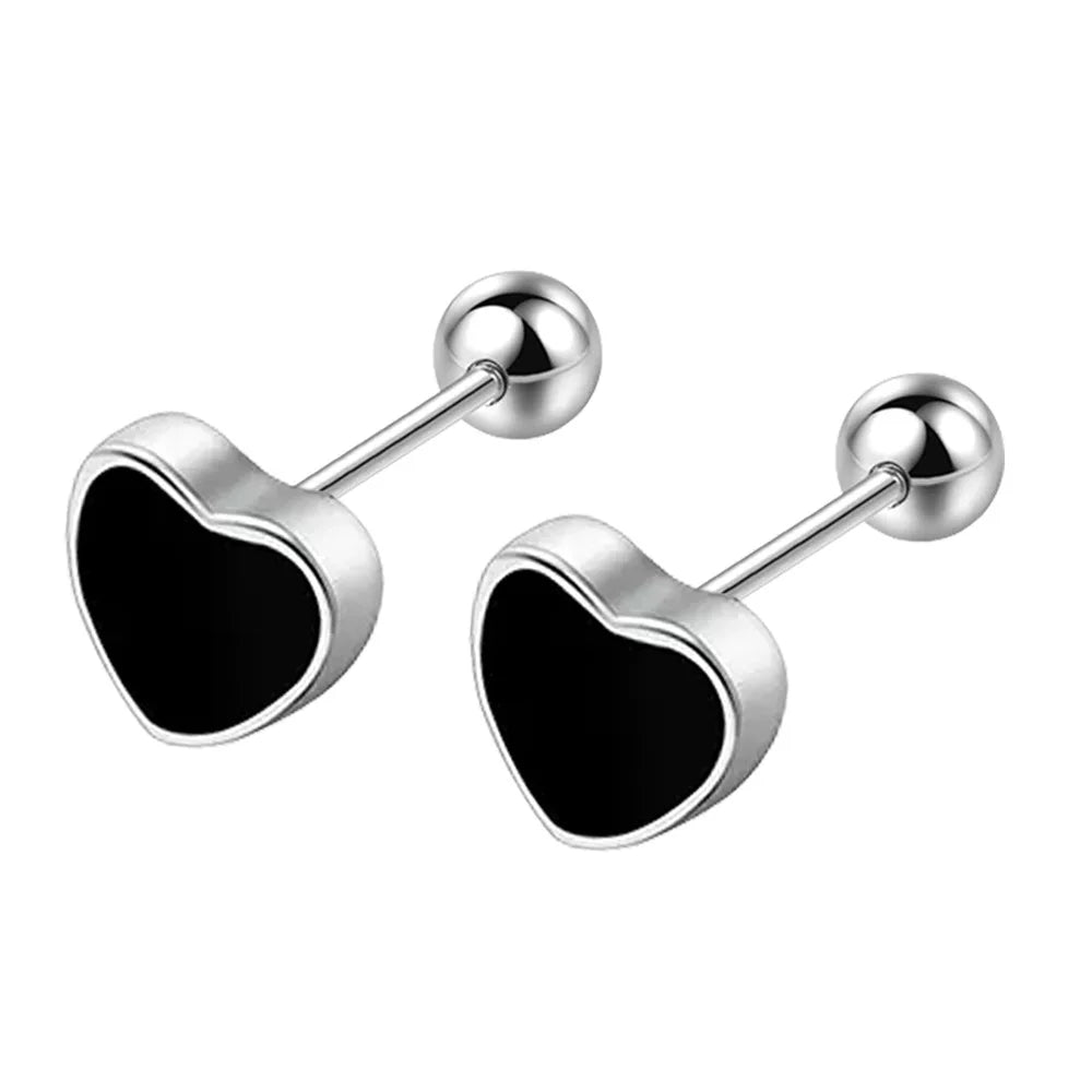925 Sterling Silver Black Heart Star Stud Earrings | Small Round Earrings for Women