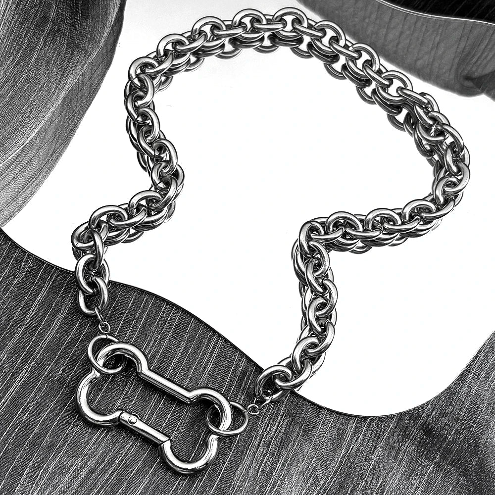 Punk Dog Bone Pendant Necklace | Stainless Steel Silver Goth Choker