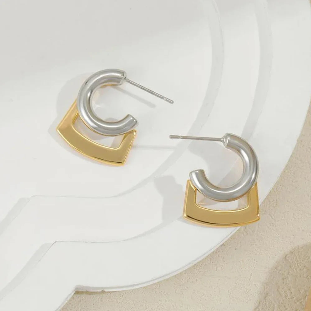 C Shape Hoop Earrings Gold Silver Mix | Trendy Women's Huggie Earrings