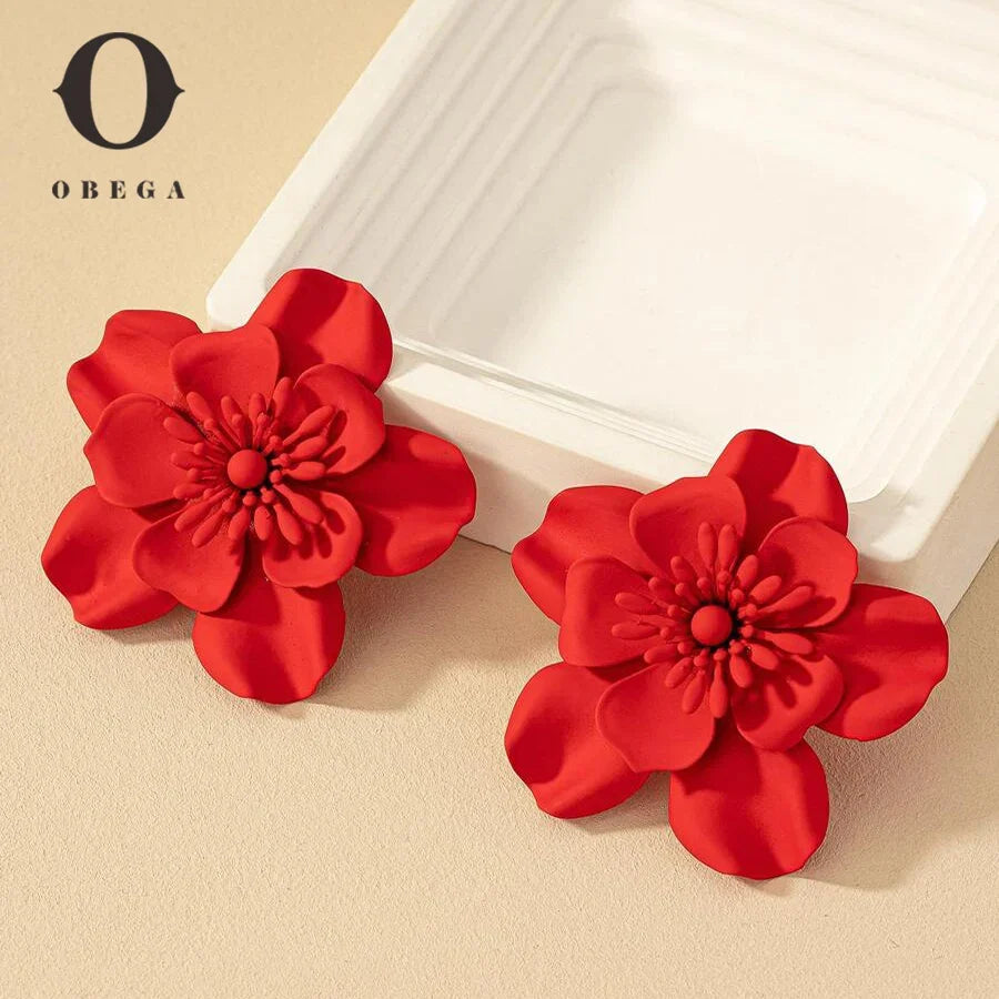 Obega Red Flower Stud Earrings | Bohemian Statement Metal Earrings for Women