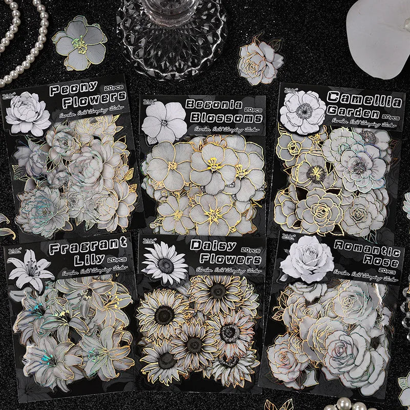 20pcs Flowers Gold Foil Stickers Set | PET Stickers Pack for Scrapbooking, Junk Journals, and Collage Album Decoration