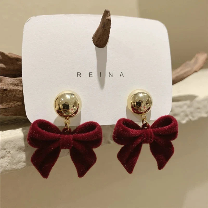 Vintage Black Flocking Bowknot Earrings | Geometric Drop Earrings for Women