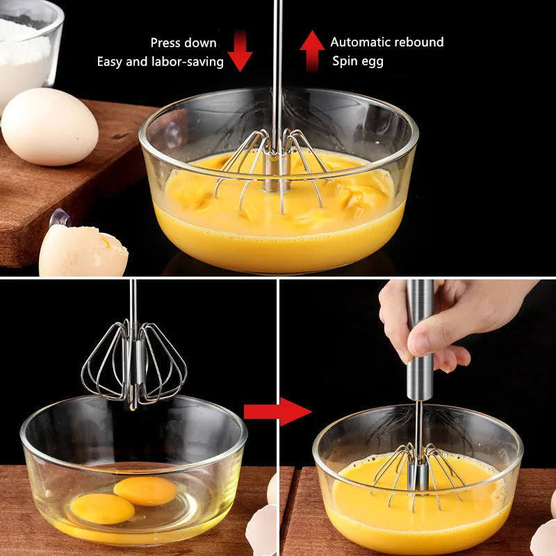 Household Semi-Automatic Rotating Egg Beater | Stainless Steel Manual Whisk