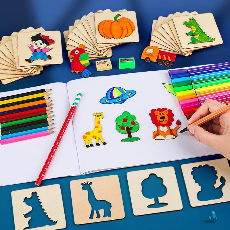 20 Pieces Montessori Wooden Stencil Set | Kids DIY Drawing and Coloring Toys