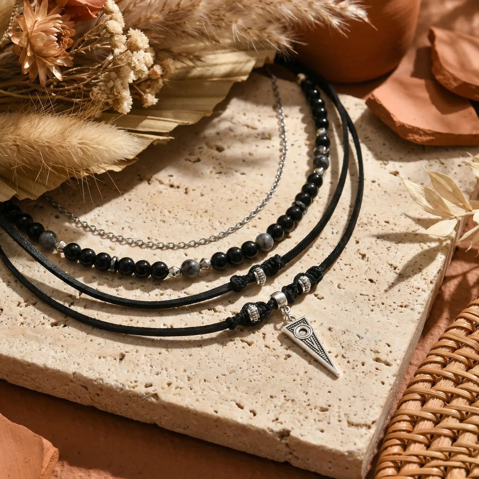 Metal Triangle Pendant Black Onyx Beaded Layered Leather Necklace | Boho Jewelry for Men and Women