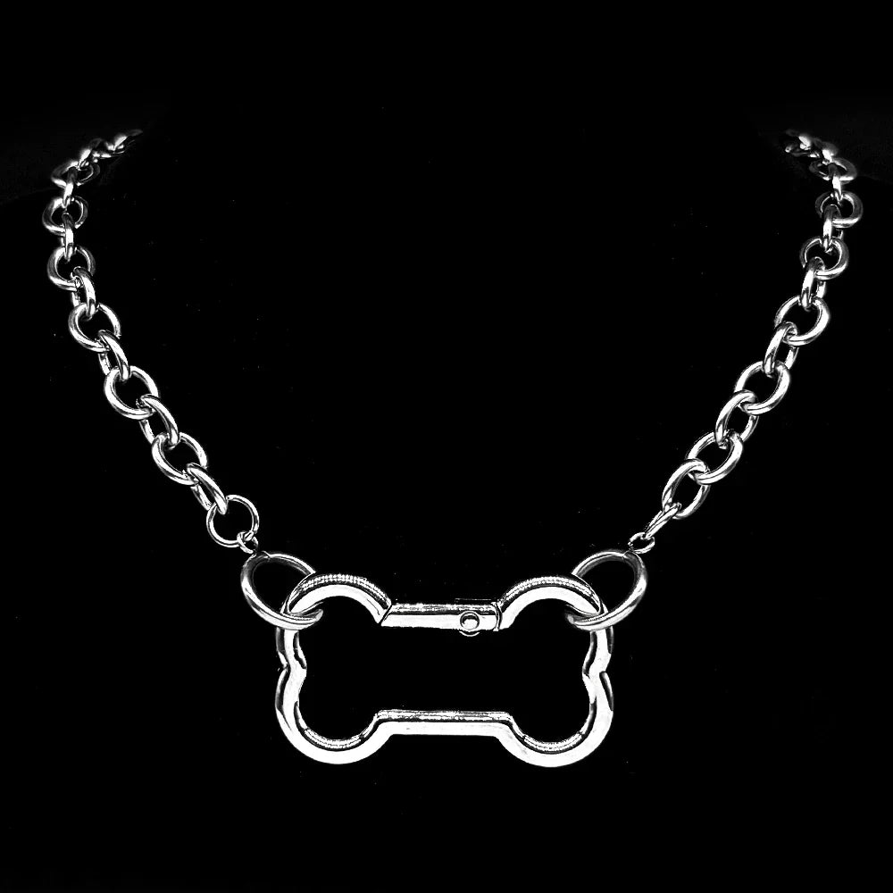 Punk Dog Bone Pendant Necklace | Stainless Steel Silver Goth Choker