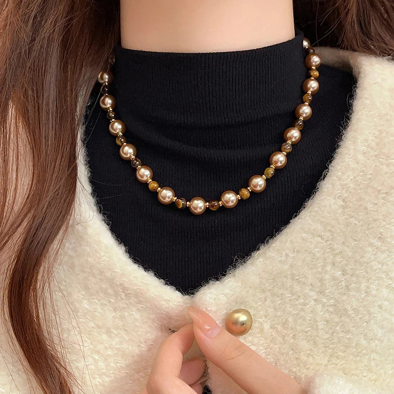 Warm Tiger's Eye Pearl Bead Necklace | Classic Sweater Chain Jewelry