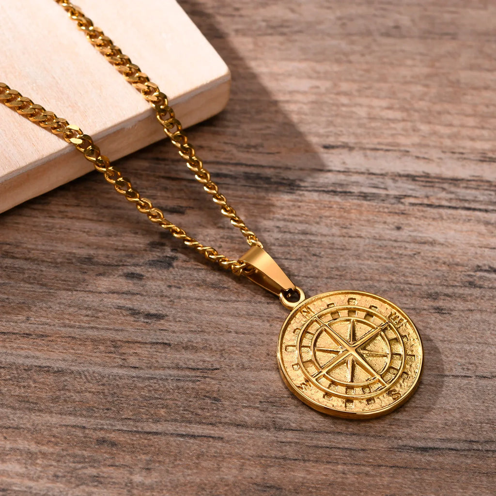 Gold Men's Compass Necklace | Vintage Viking North Star Anchor Stainless Steel Pendant
