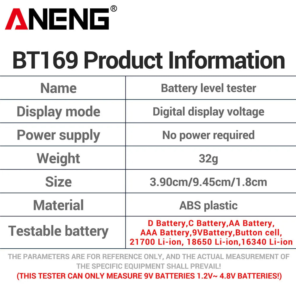 ANENG BT169 Battery Level Tester | Digital Display, No Power Required, Portable ABS Tester