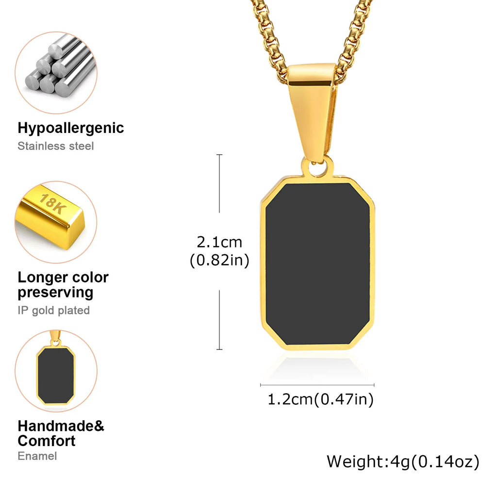 Men's Geometric Square Necklace | Black Enamel Rectangle Pendant with Rope Chain