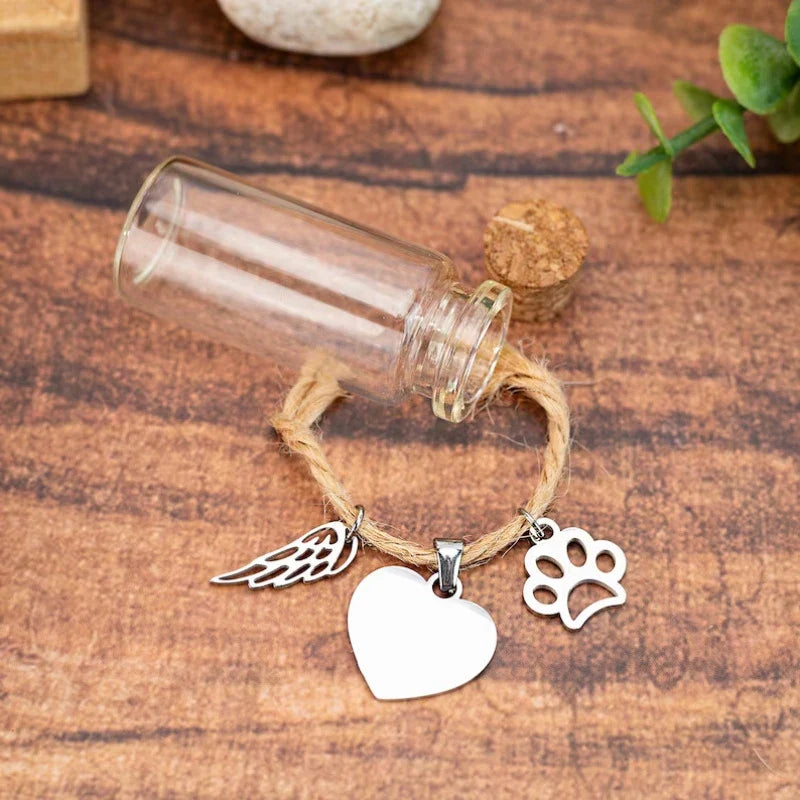 Pet Memorial Urn Container | Pet Hair Keepsake Bottle with 3 Silver Accessories