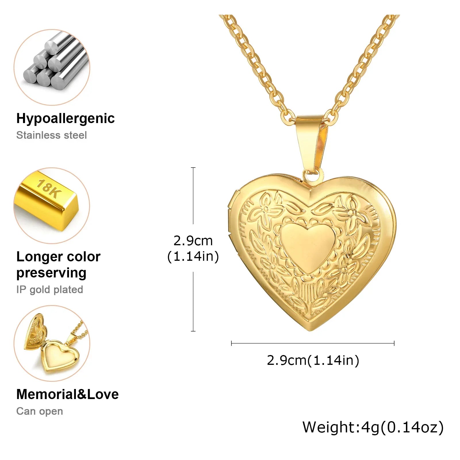 Gold Heart Locket Necklace with Photo Frame | Stainless Steel Jewelry for Women