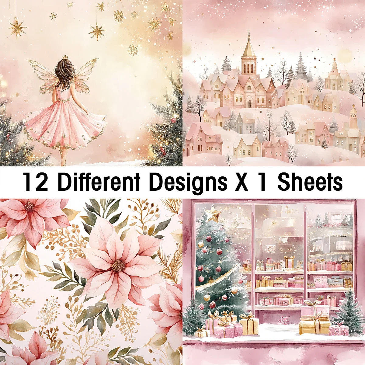 Pink Christmas Scrapbook Paper Pad | 12 Sheets Decorative Craft Papers