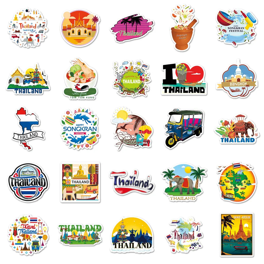 Thai Scenery Graffiti Stickers 50 Pack | Travel-Themed Decals for Laptops and Phones