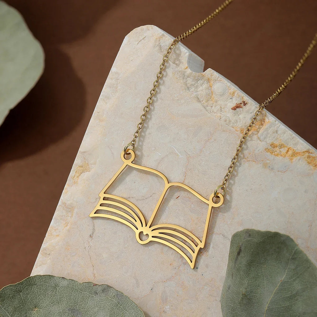 Book Lover Pendant Necklace | Stainless Steel Reading Jewelry for Women