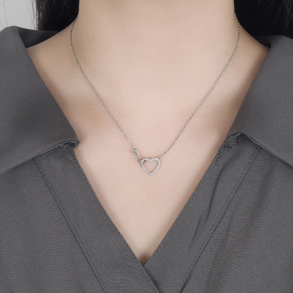 925 Sterling Silver Zircon Heart Interlocking Necklace | Luxury Fine Jewelry for Women