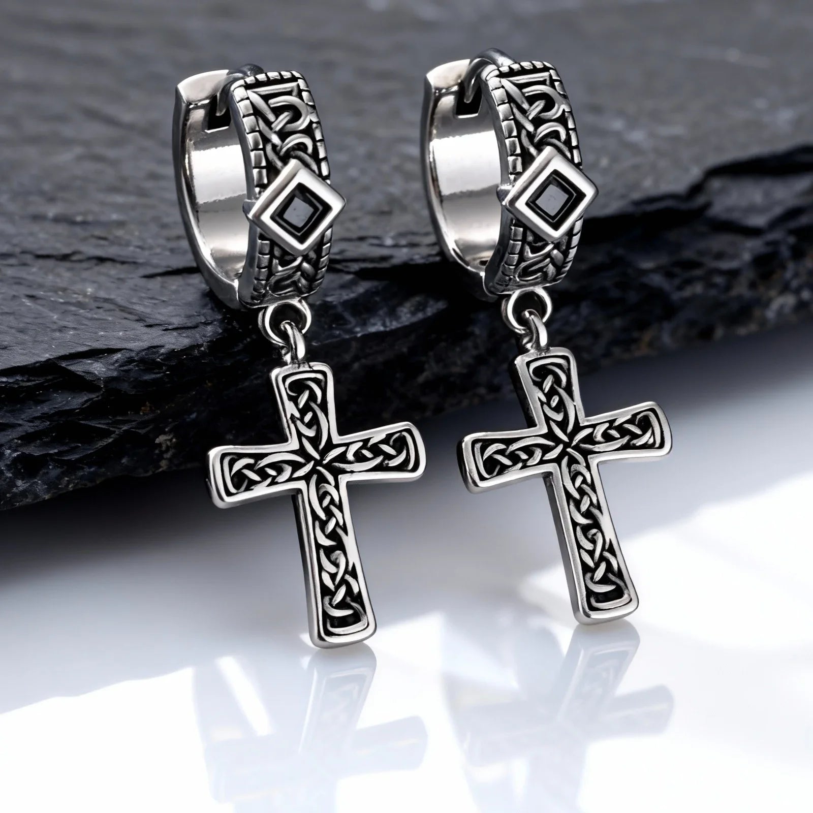 Vintage Celtic Knot Cross Hoop Earrings for Men | Anti Allergy Black Square Zircon Drop Earrings
