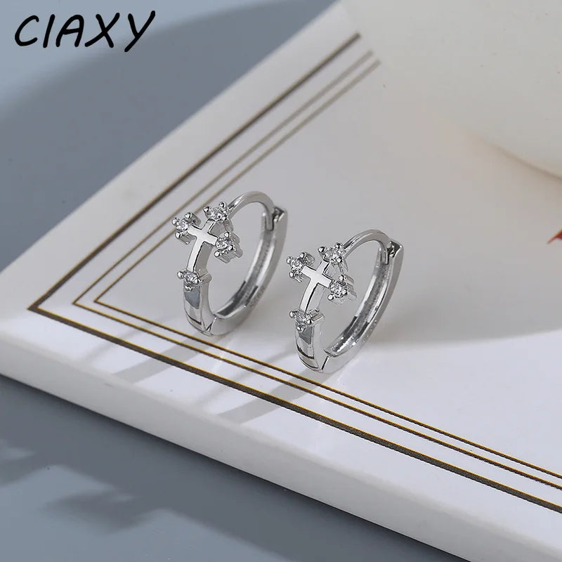Silver Cross Hoop Earrings for Men and Women | Unisex CZ Crystal Punk Earrings
