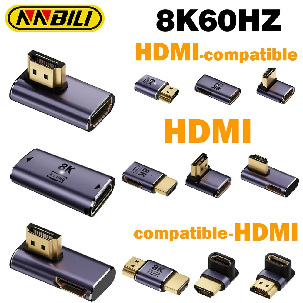 NNBILI HDMI 2.1 Adapter | 48Gbps 8K@60Hz Elbow and Straight Converter
