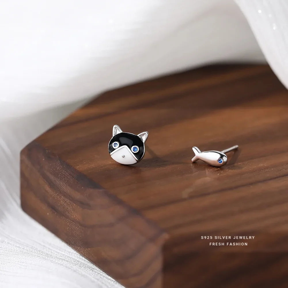 925 Sterling Silver Fish Cat Stud Earrings | Women's Wedding Luxury Piercing Jewelry