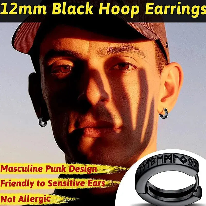 Viking Rune Hoop Earrings | Stainless Steel Norse Jewelry for Men and Women