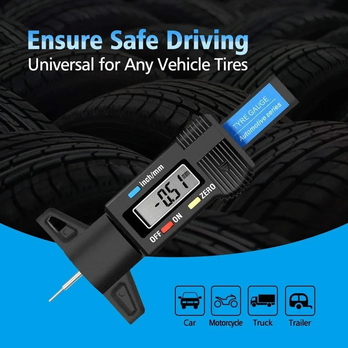Digital Tire Tread Depth Gauge | 0-25mm LCD Caliper Tool