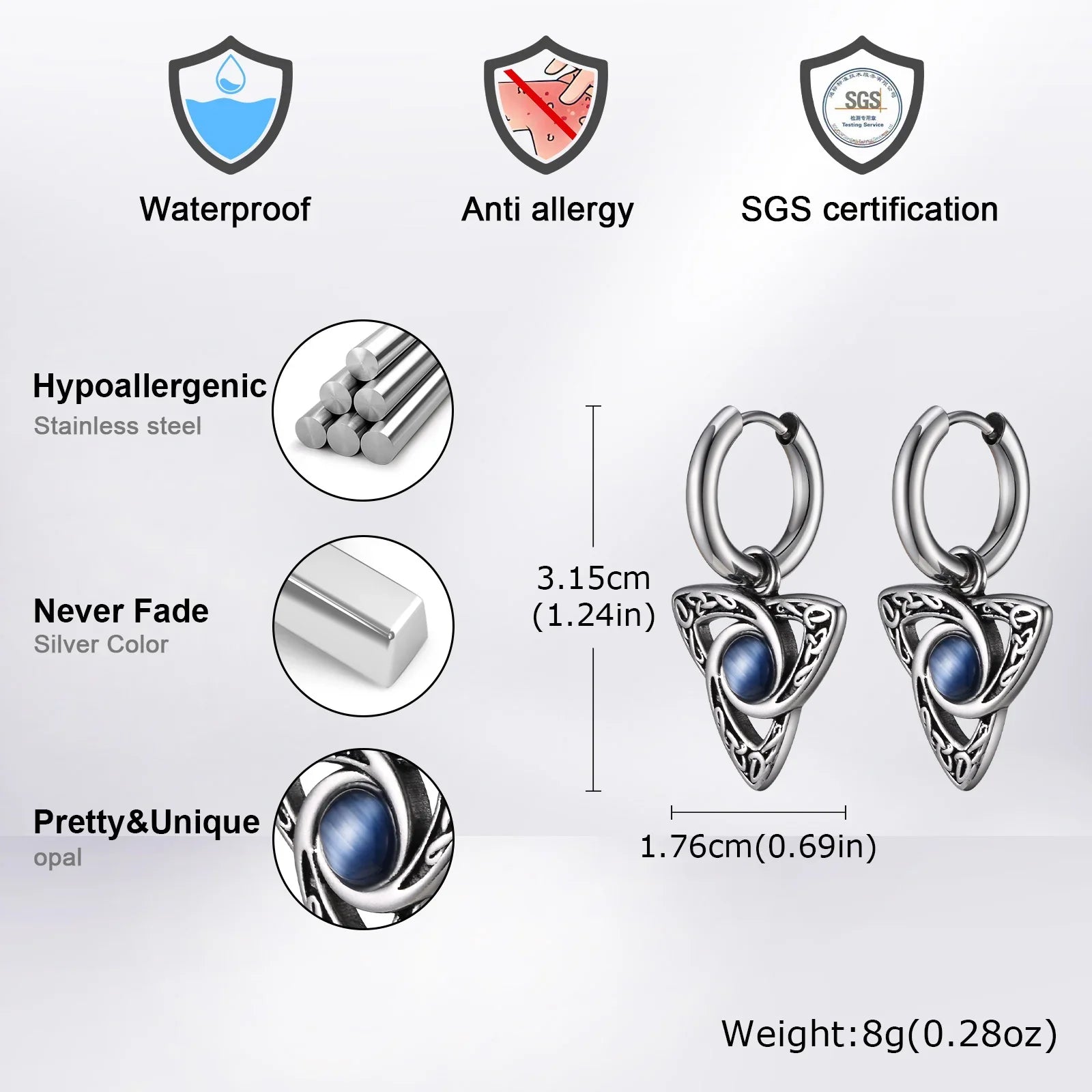 Geometric Triangle Earrings for Men | Viking Natural Stone Huggies Hoop Earrings