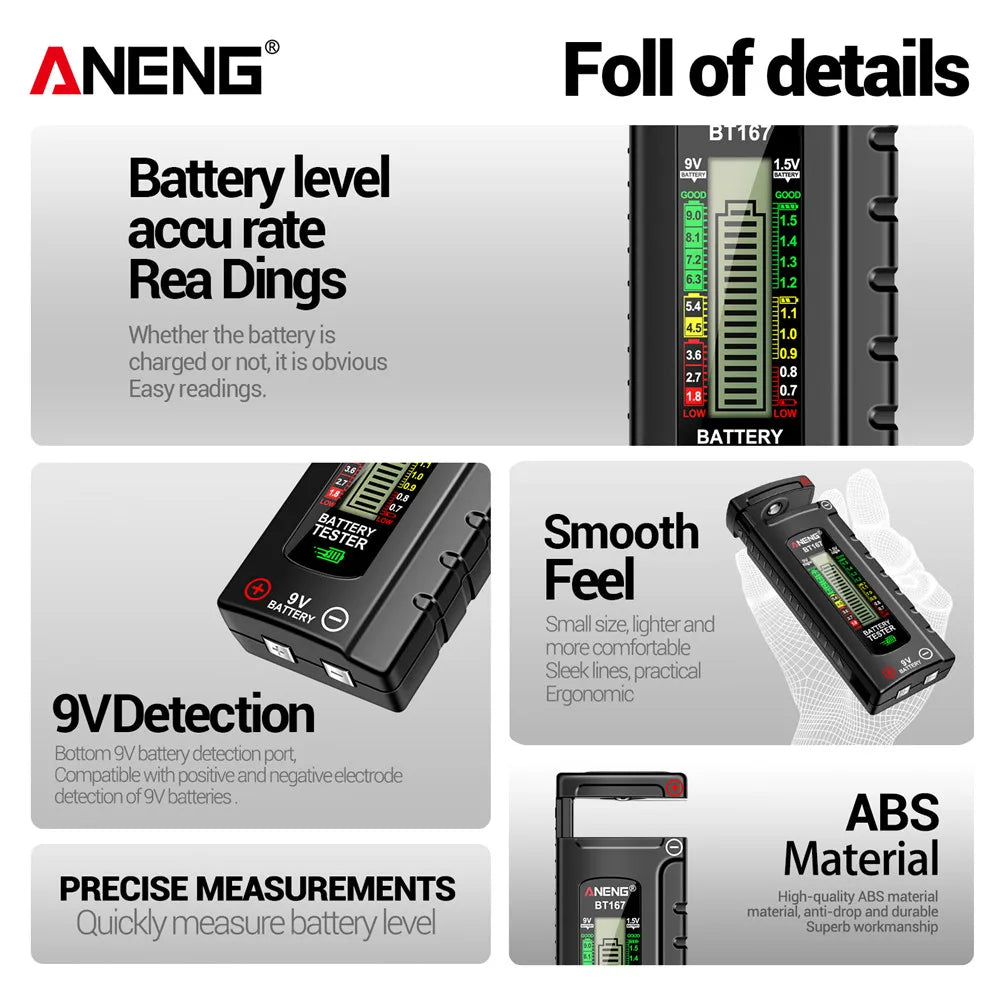 ANENG BT167 Battery Level Detector | Multifunctional Battery Tester for 1.5V and 9V Batteries