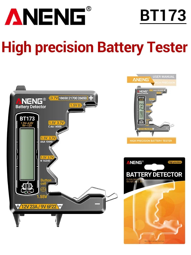ANENG BT173 Universal Digital Battery Tester | 18650/AA/AAA/9V/12V Button Battery Level Display Tool