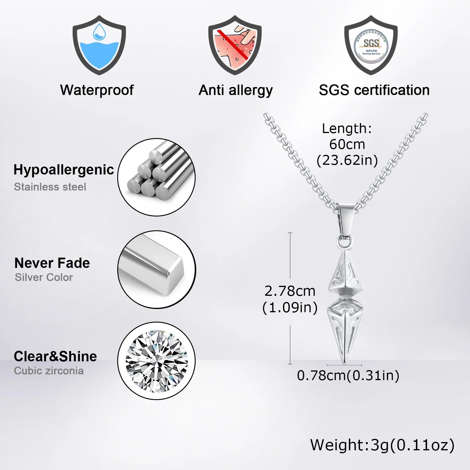 VNOX Men's Stainless Steel Zircon Pendant Necklace | Geometric Blue White Chain