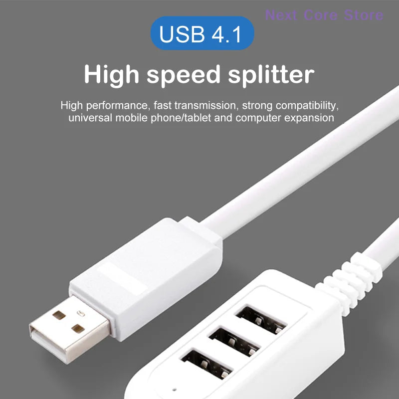 1.2M USB Cable Extension Hub | 3-Port Multi-Charging Splitter