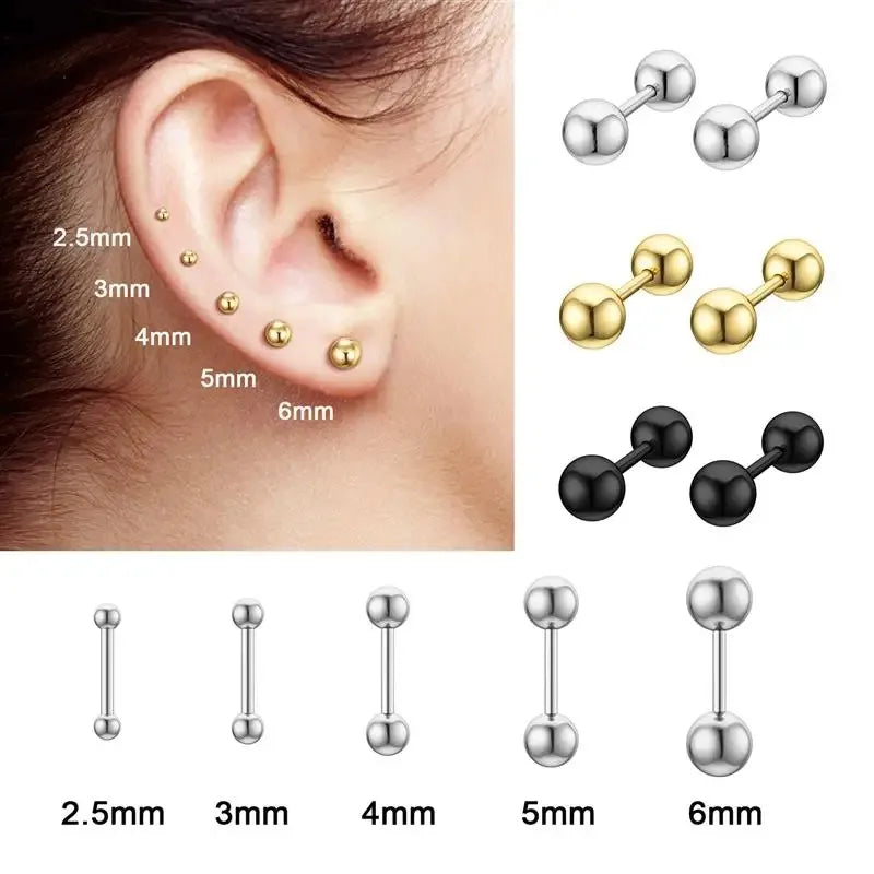 Stainless Steel Screwback Stud Earrings | 16G Small Ball Piercing Jewelry Set